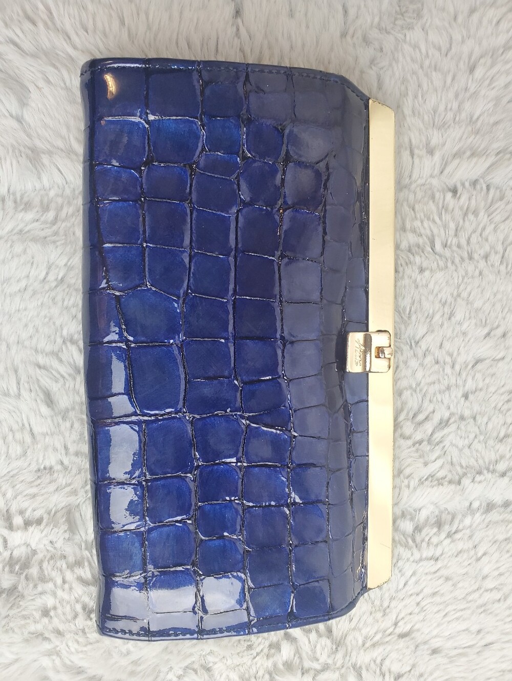 Abas Blue Genuine Patent Alligator Embossed Leather Clutch Wallet Card ID EUC